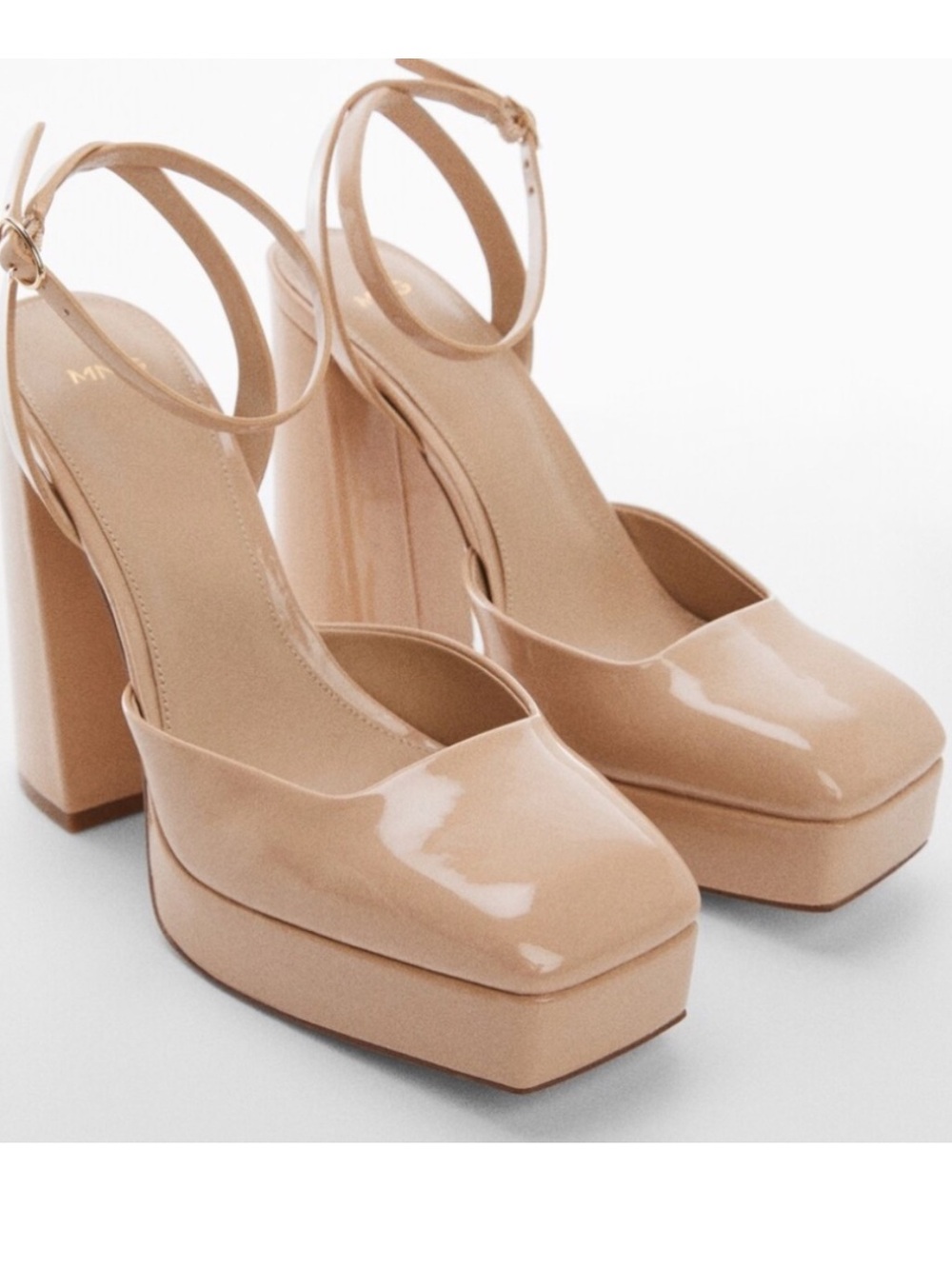 Mango Platform Block Heel Ankle-Strap Pumps in Nude NWT
